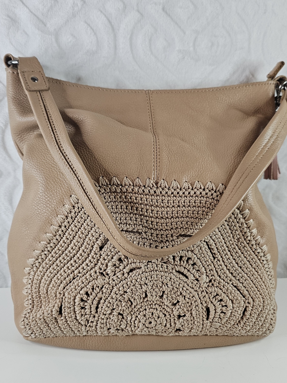 The Sak Crochet Front Leather Shoulder Bag - Taupe
